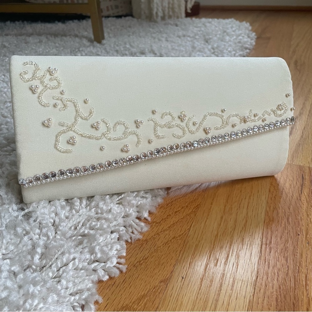 Vintage Bridal Clutch Handbag Ivory Beaded Rhinestone Something Old Purse